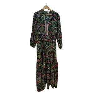 Rusttydustty Boho Floral Maxi Dress L – Black Multicolor Long Sleeve Neck